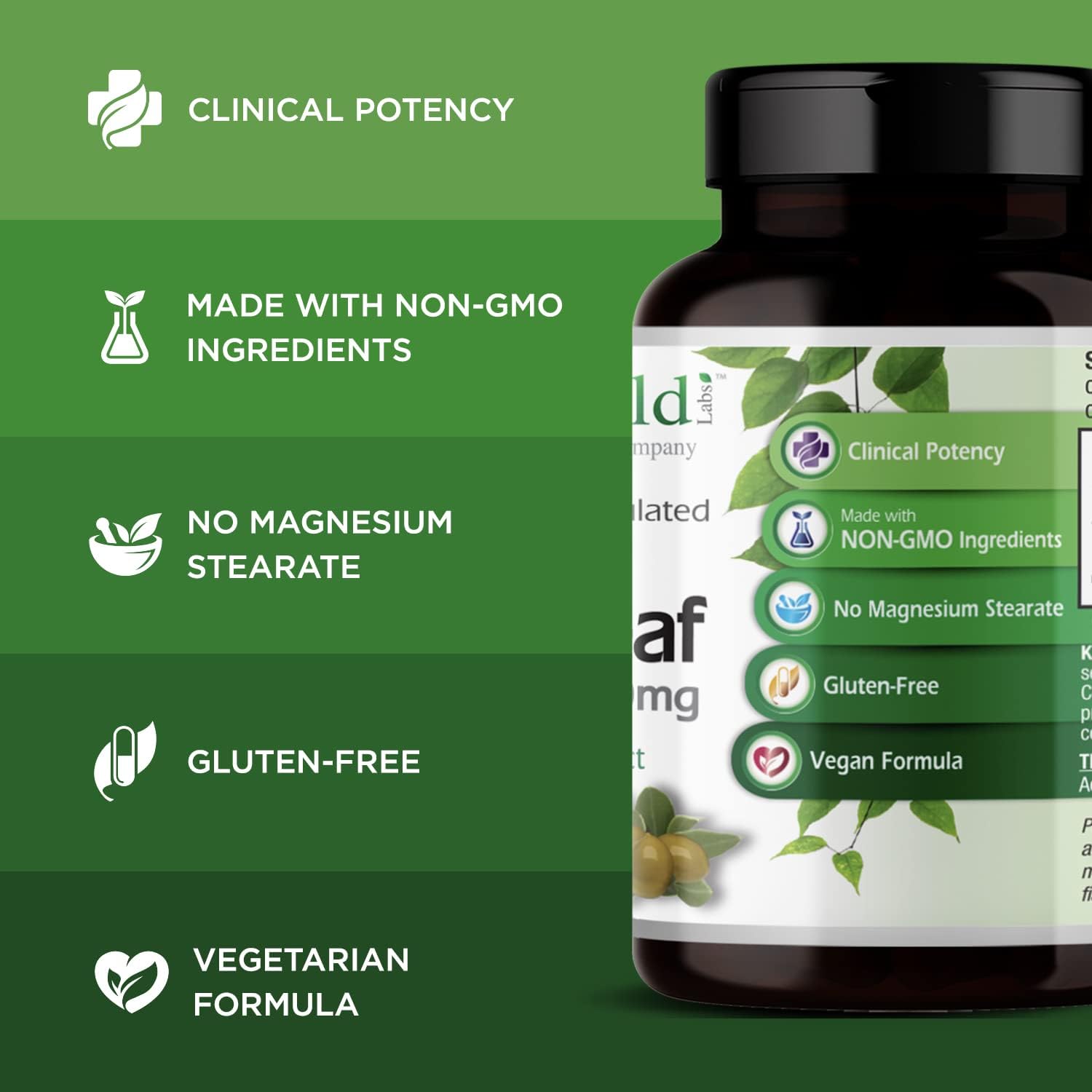 Organic Mediterranean Olive Leaf Extract Capsules - 500mg, Vegan & Gluten-Free - Promotes Skin, Immune, and Heart Health - 60 Capsules