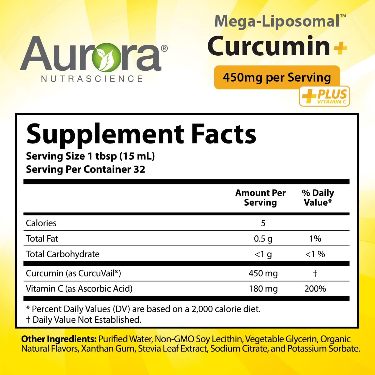 Organic Mega-Liposomal Curcumin + Vitamin C Liquid Supplement for Healthy Joints, Muscles, GI Tract, and Brain - Non-GMO - 450mg - 16 fl oz