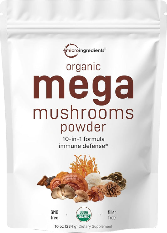 Organic Mega Mushroom 10 in 1 Complex Formula Powder - Immune System Booster - 10oz - Filler Free - Vegan - Chaga, Lions Mane, Cordyceps, Reishi & More