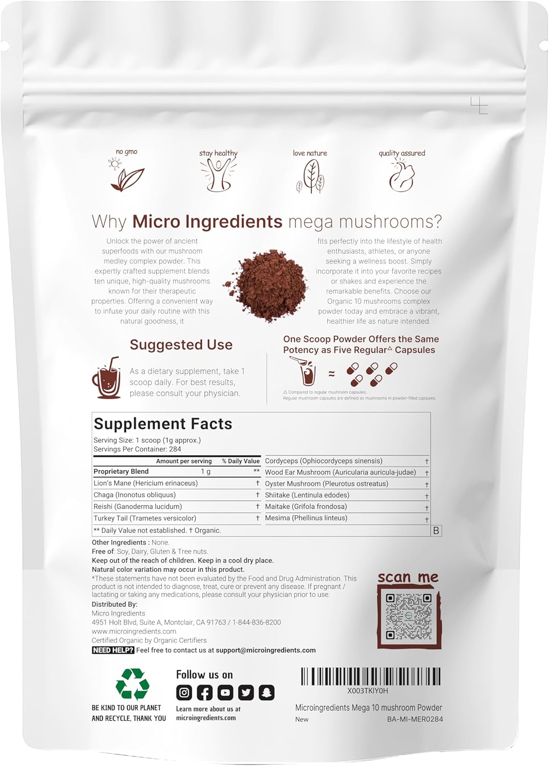 Organic Mega Mushroom 10 in 1 Complex Formula Powder - Immune System Booster - 10oz - Filler Free - Vegan - Chaga, Lions Mane, Cordyceps, Reishi & More