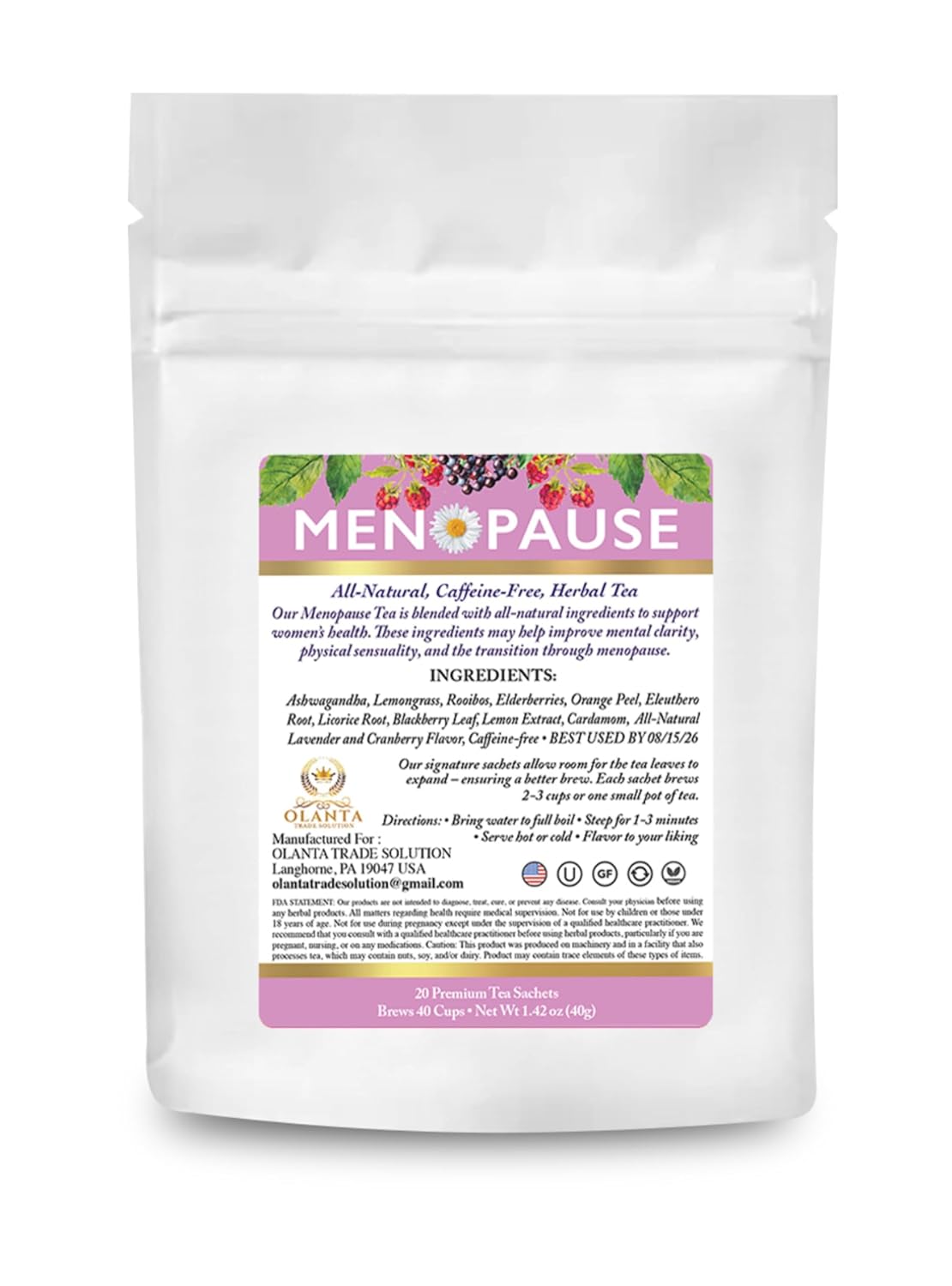 Organic Menopause Relief Tea - Herbal Blend for Hot Flashes & Hormone Balance - Ashwagandha Infused - 20 Tea Sachets