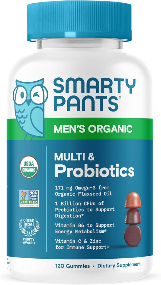 Organic Men's Multivitamin Gummies with Probiotics, CoQ10, Omega 3, Vitamin D3, B12, Immune Support & Biotin, 120 Gummies