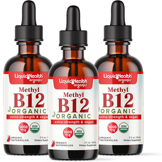 Organic Methyl Vitamin B12 Liquid Drops - Energy Boost & Memory Focus - Vegan & Metabolism Support - 2 Fl Oz (3 Pack)
