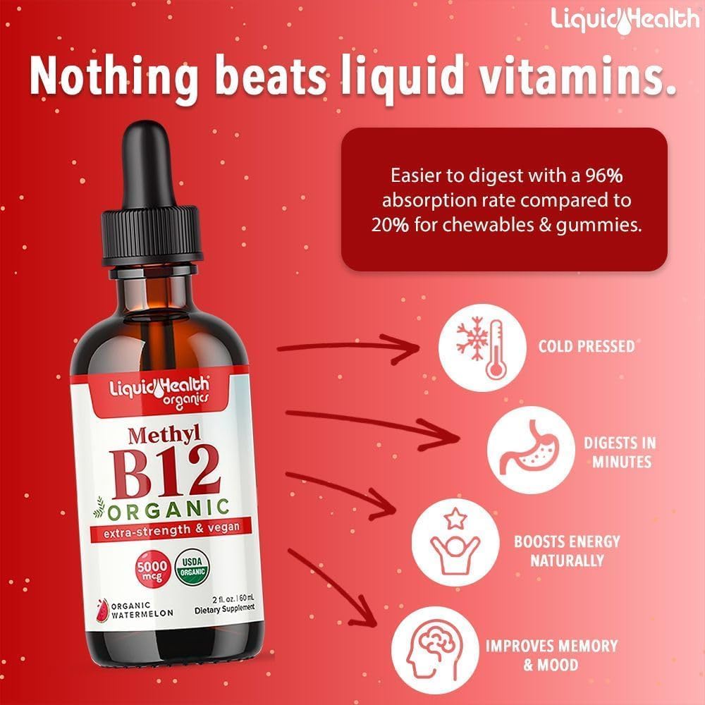 Organic Methyl Vitamin B12 Liquid Drops - Energy Boost & Memory Focus - Vegan & Metabolism Support - 2 Fl Oz (3 Pack)