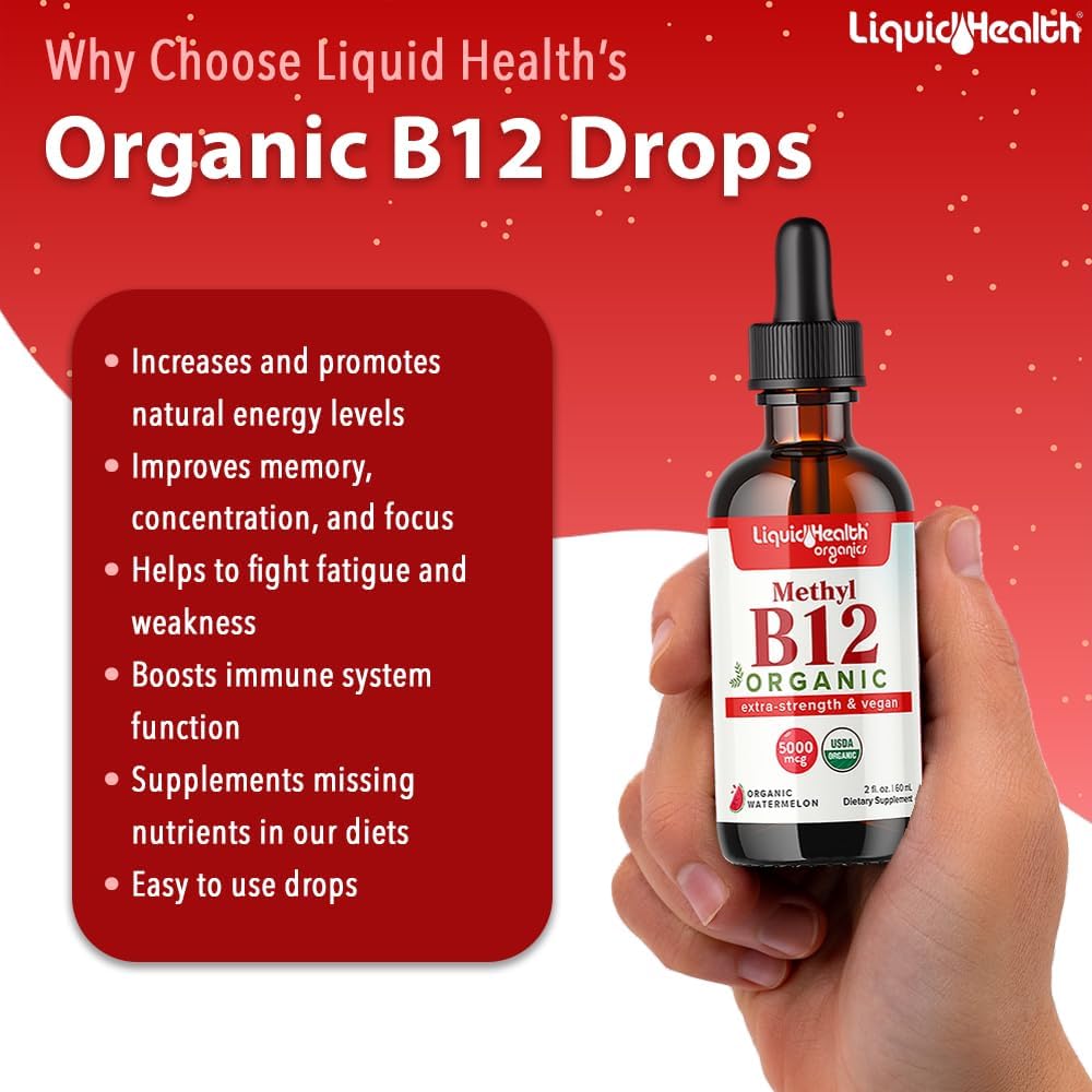Organic Methyl Vitamin B12 Liquid Drops - Energy Boost & Memory Focus - Vegan & Metabolism Support - 2 Fl Oz (3 Pack)