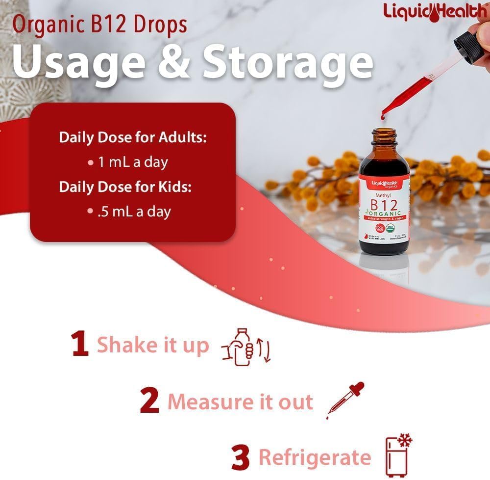 Organic Methyl Vitamin B12 Liquid Drops - Energy Boost & Memory Focus - Vegan & Metabolism Support - 2 Fl Oz (3 Pack)