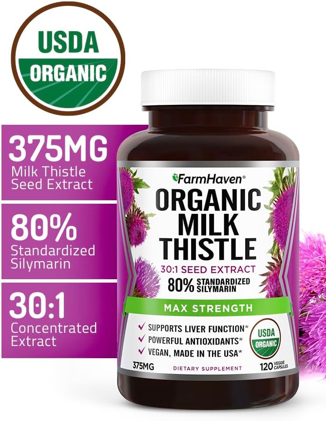Organic Milk Thistle Capsules - 30X Concentrated Seed Extract - 80% Silymarin - Liver Health Support - 120 Veggie Capsules