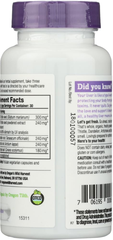 Organic Milk Thistle Dandelion Extract - 80% Silymarins (90 Caps) by Oregon's Wild Harvest