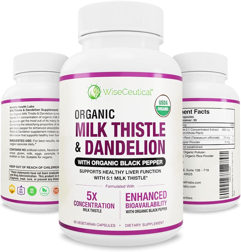 Organic Milk Thistle & Dandelion Root Extract - High Absorption Liver Support Supplement (2000mg Strength) - Antioxidant Flavonoid - 60 Count Pack