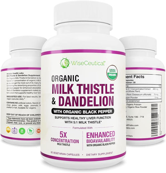 Organic Milk Thistle & Dandelion Root Extract - High Absorption Liver Support Supplement (2000mg Strength) - Antioxidant Flavonoid - 60 Count Pack