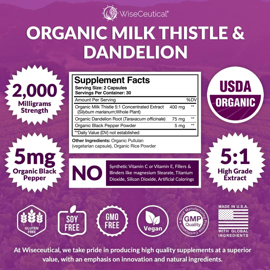 Organic Milk Thistle & Dandelion Root Extract - High Absorption Liver Support Supplement (2000mg Strength) - Antioxidant Flavonoid - 60 Count Pack
