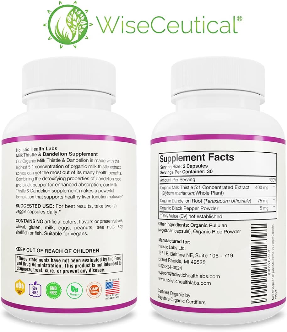 Organic Milk Thistle & Dandelion Root Extract - High Absorption Liver Support Supplement (2000mg Strength) - Antioxidant Flavonoid - 60 Count Pack