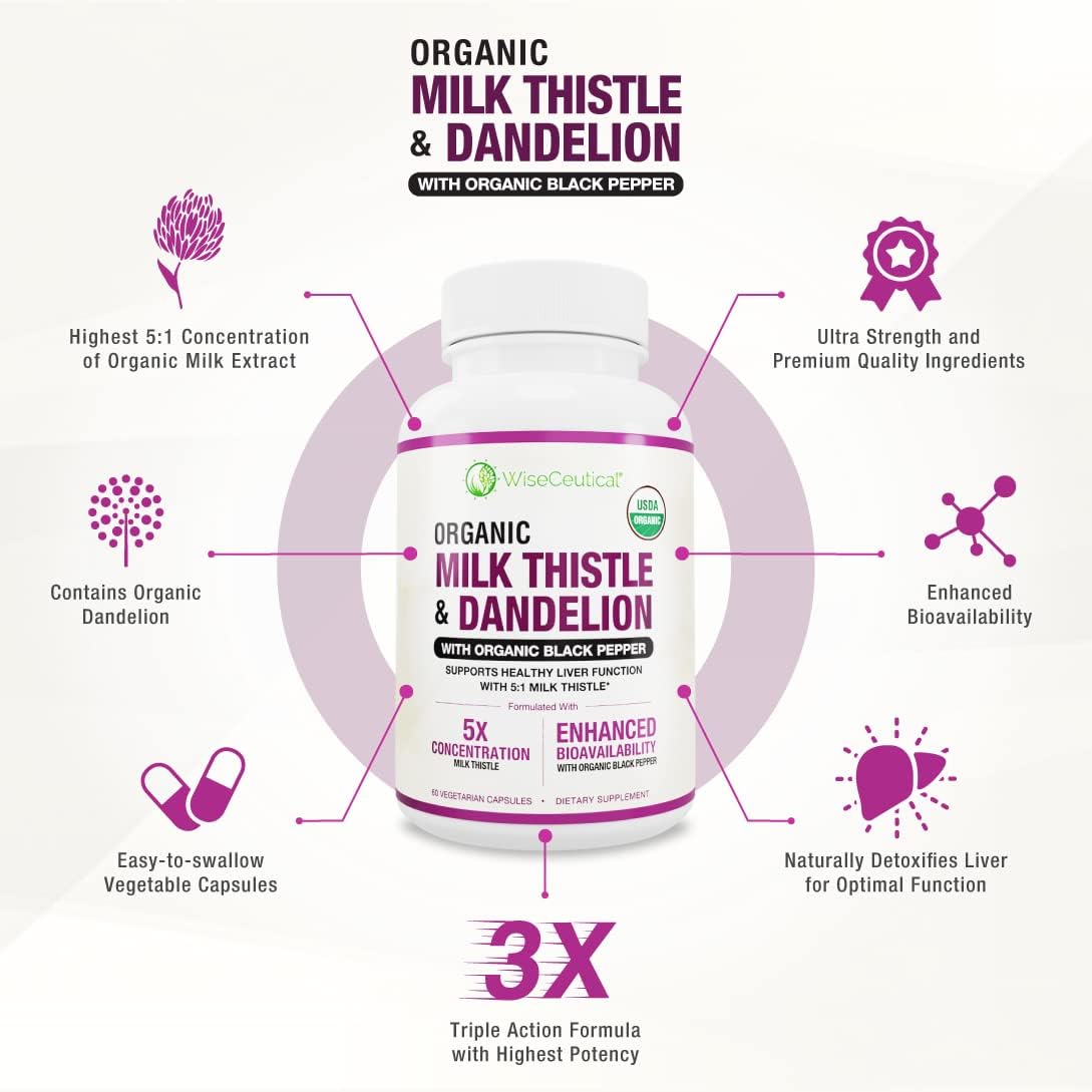 Organic Milk Thistle & Dandelion Root Extract - High Absorption Liver Support Supplement (2000mg Strength) - Antioxidant Flavonoid - 60 Count Pack