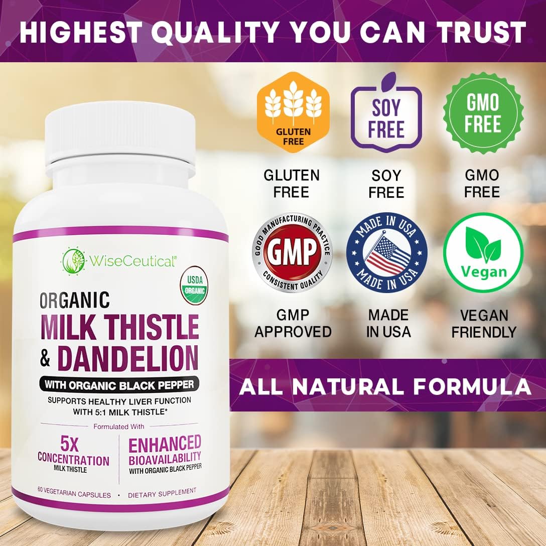 Organic Milk Thistle & Dandelion Root Extract - High Absorption Liver Support Supplement (2000mg Strength) - Antioxidant Flavonoid - 60 Count Pack