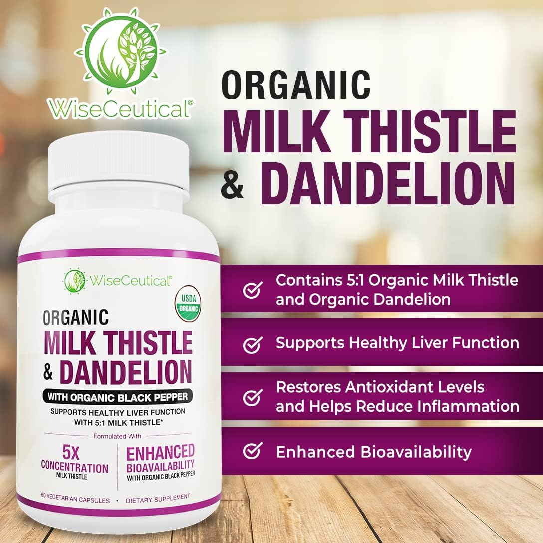 Organic Milk Thistle & Dandelion Root Extract - High Absorption Liver Support Supplement (2000mg Strength) - Antioxidant Flavonoid - 60 Count Pack
