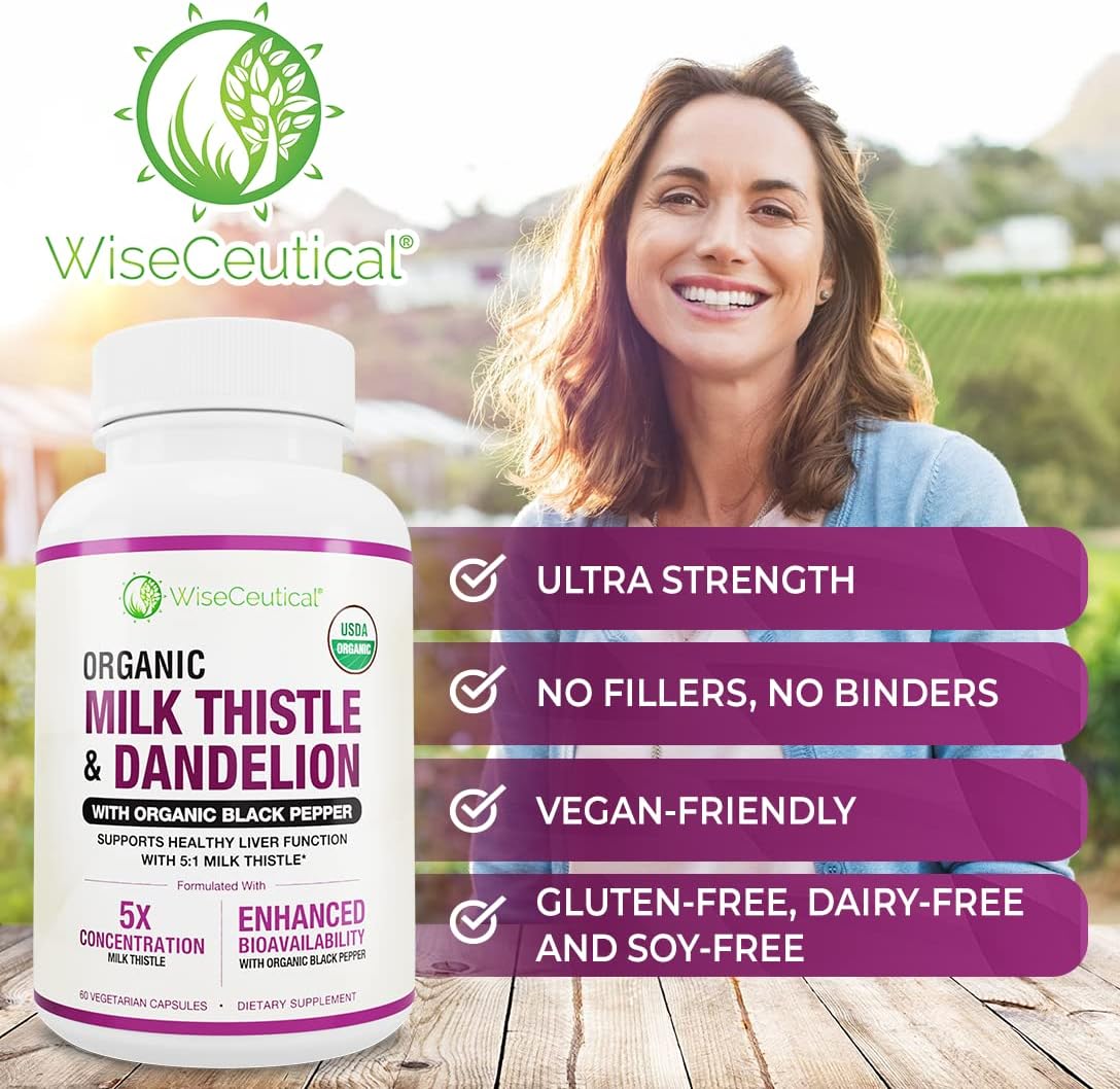 Organic Milk Thistle & Dandelion Root Extract - High Absorption Liver Support Supplement (2000mg Strength) - Antioxidant Flavonoid - 60 Count Pack
