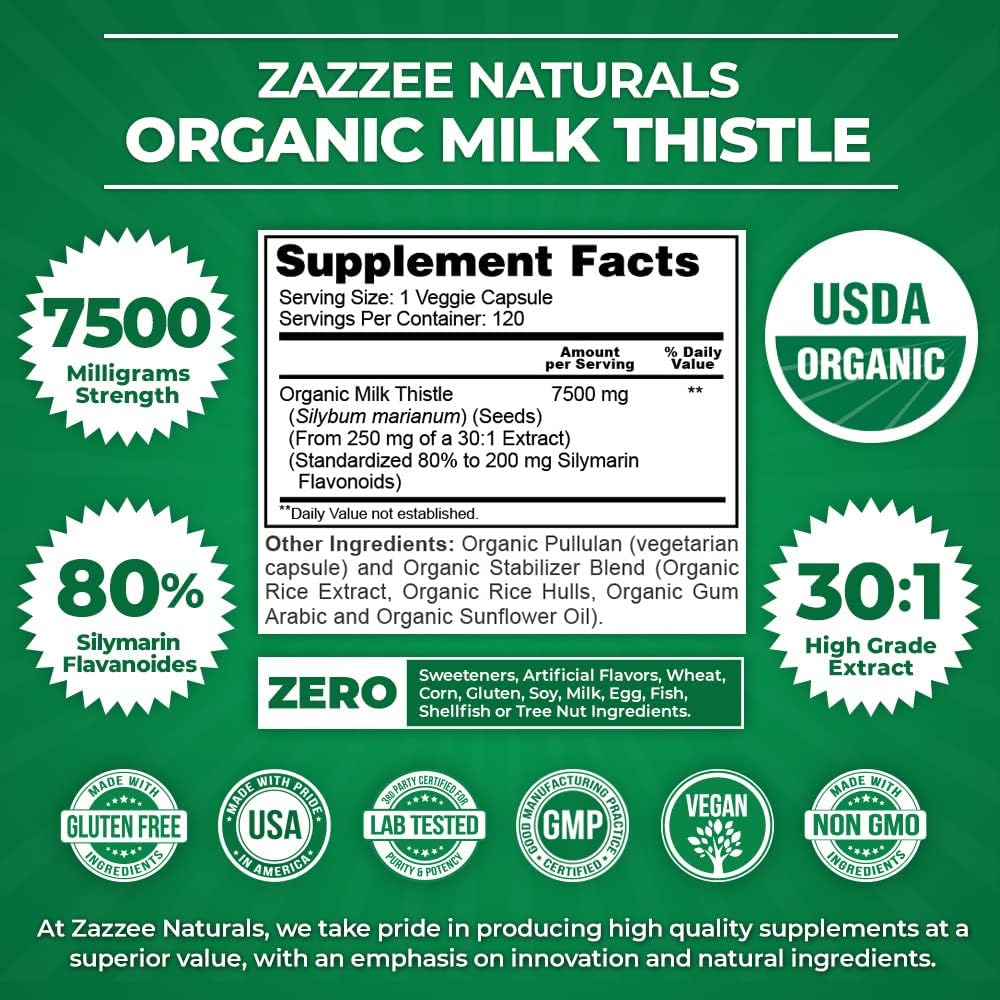 Organic Milk Thistle Extract 30:1, 7500mg, 120 Capsules, 80% Silymarin, Standardized 30X, Non-GMO