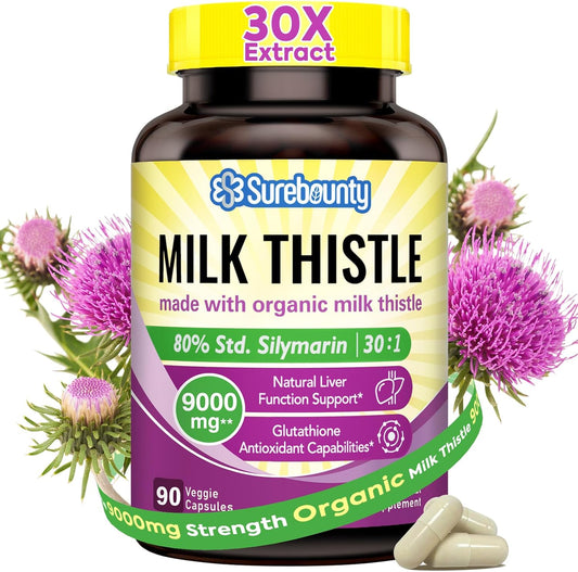 Organic Milk Thistle Extract Capsules - 9000mg, 30X Concentrated, Liver Support Cleanse Detox Supplement, Non-GMO, Gluten & Soy Free - 90 Veggie Capsules
