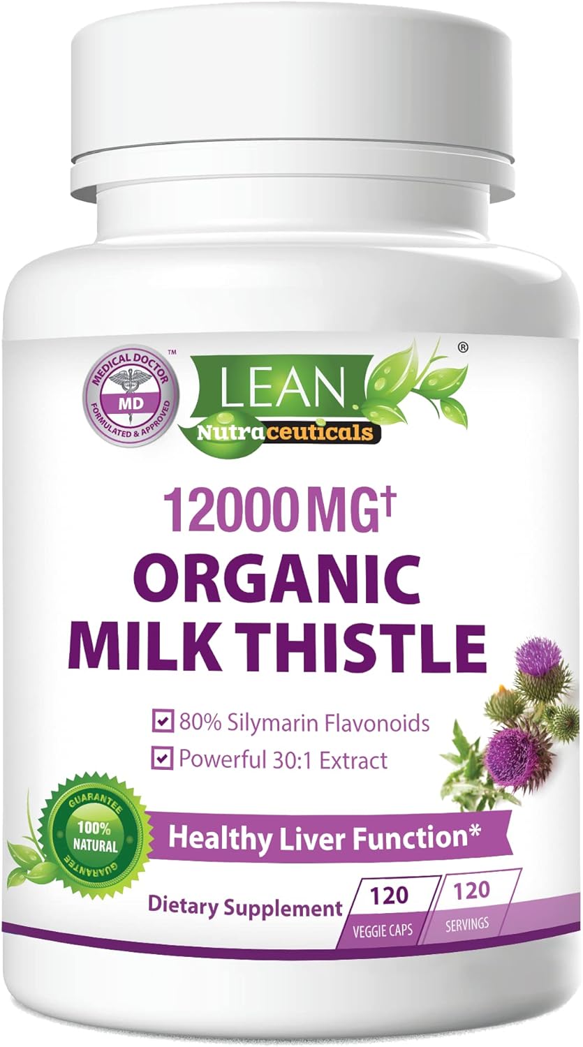 Organic Milk Thistle Liver Cleanse Detox - 120 Capsules, 12000 Mg, Kidney & Lung Health Support - Herbal Supplement by LEAN Nutraceuticals