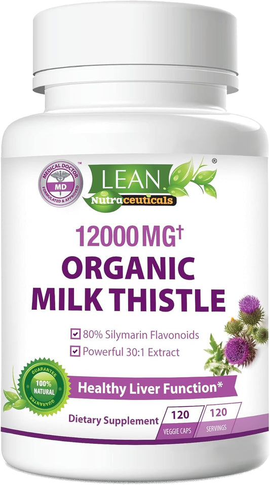 Organic Milk Thistle Liver Cleanse Detox - 120 Capsules, 12000 Mg, Kidney & Lung Health Support - Herbal Supplement by LEAN Nutraceuticals