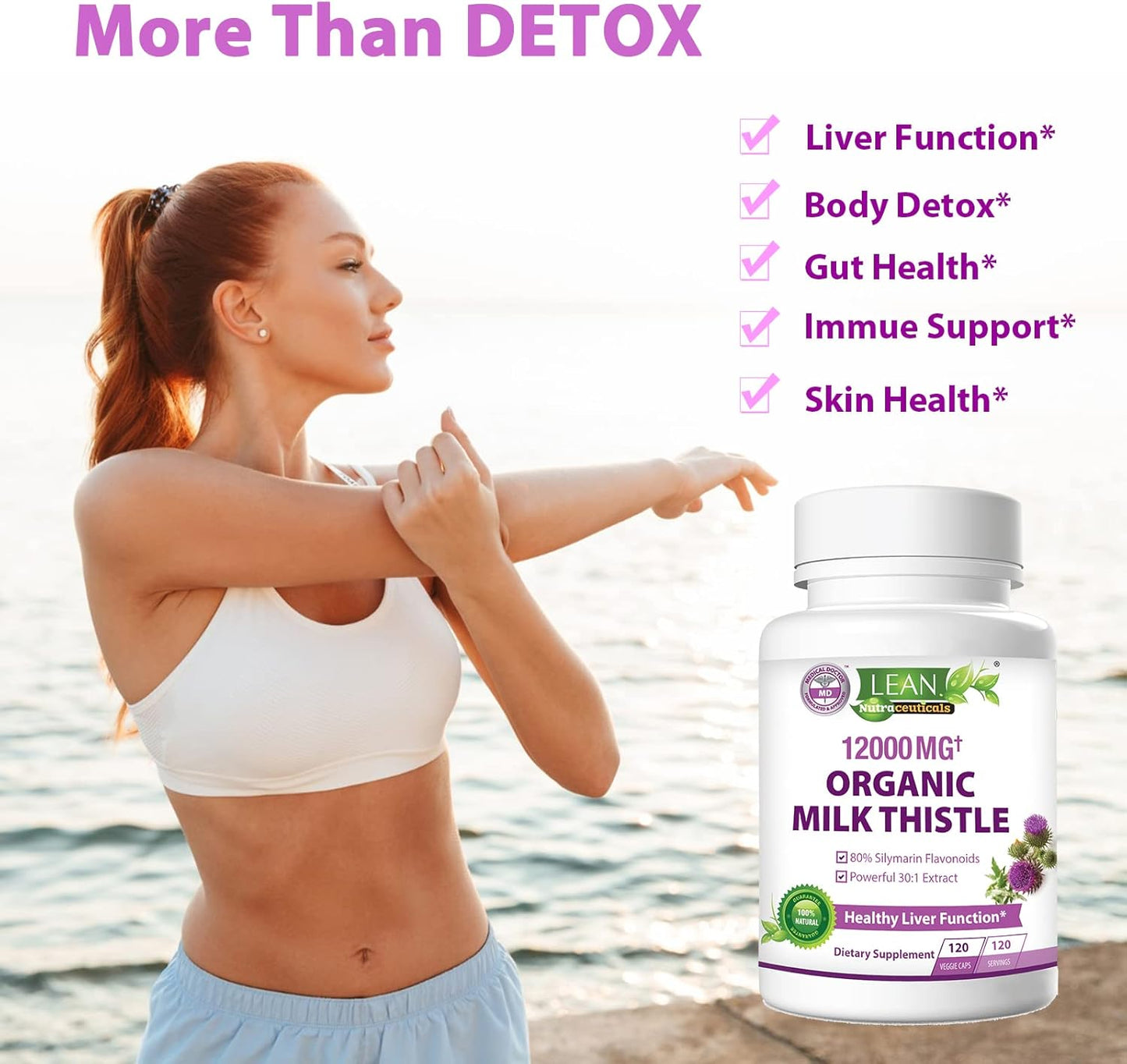Organic Milk Thistle Liver Cleanse Detox - 120 Capsules, 12000 Mg, Kidney & Lung Health Support - Herbal Supplement by LEAN Nutraceuticals
