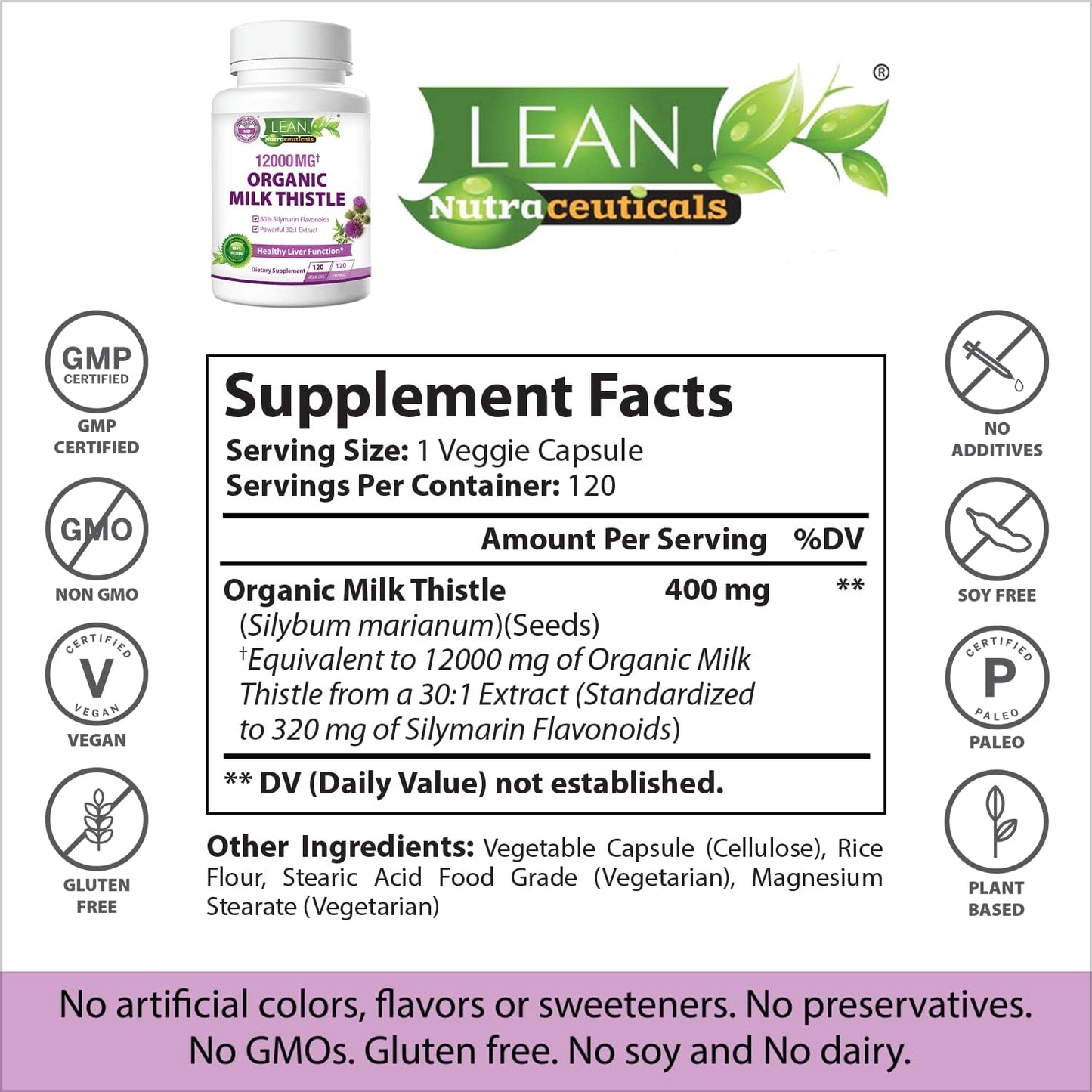 Organic Milk Thistle Liver Cleanse Detox - 120 Capsules, 12000 Mg, Kidney & Lung Health Support - Herbal Supplement by LEAN Nutraceuticals