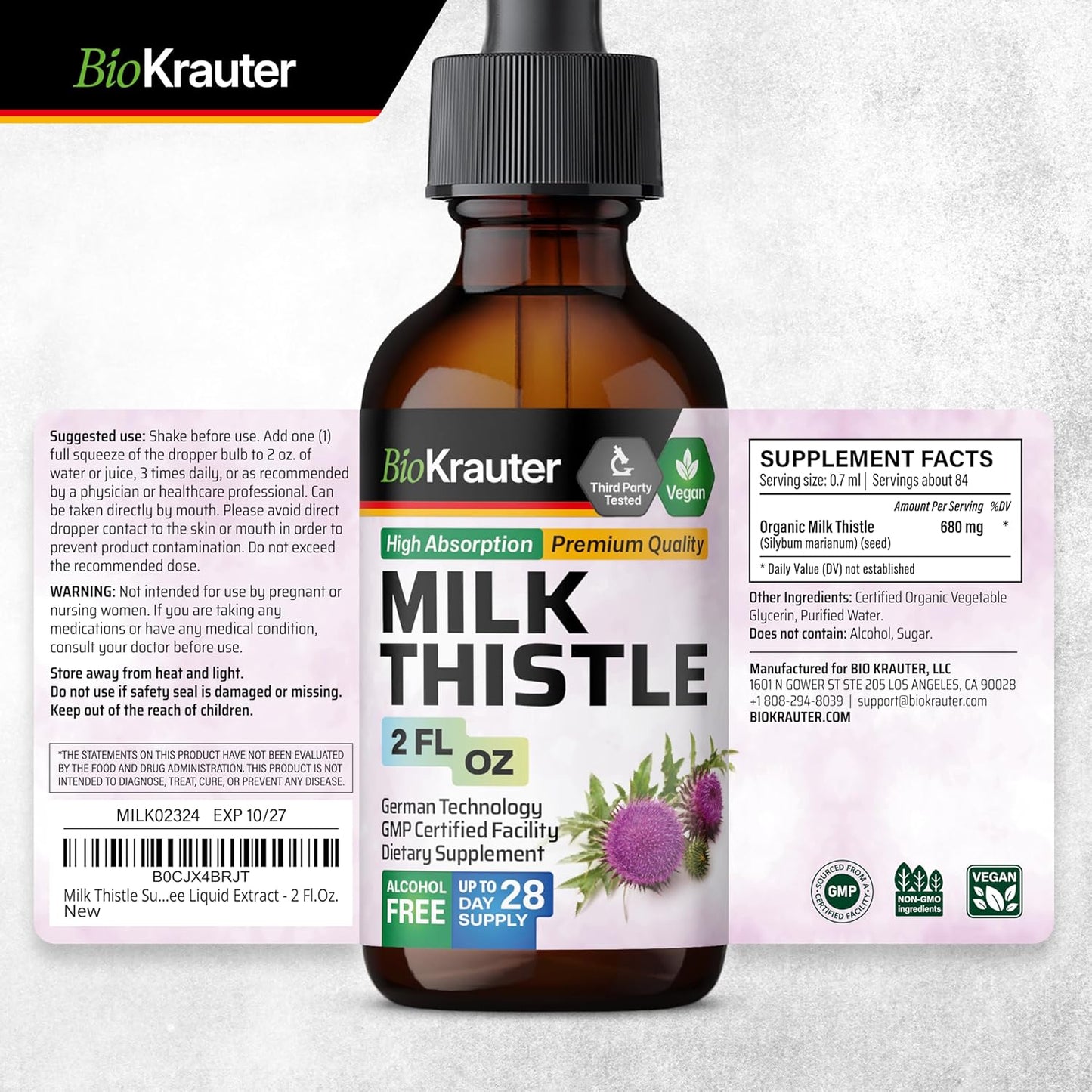 Organic Milk Thistle Liver Support Drops - Silymarin Supplement for Liver Cleanse - Alcohol & Sugar Free Tincture - 2 Fl. Oz.