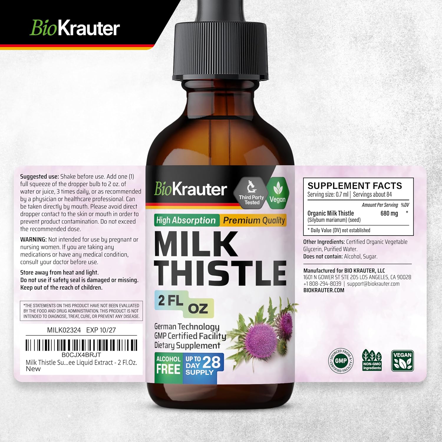 Organic Milk Thistle Liver Support Drops - Silymarin Supplement for Liver Cleanse - Alcohol & Sugar Free Tincture - 2 Fl. Oz.