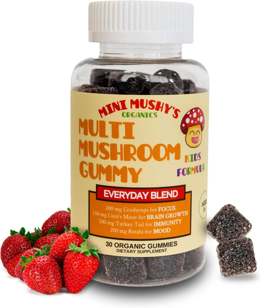 Organic Mini Mushroom Gummies for Kids - Support Blend of Turkey Tail, Reishi, Lions Mane, Cordyceps | Natural, Low Sugar, Strawberry Flavor - 30 Count