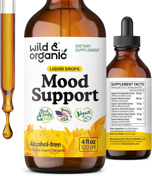Organic Mood Support Liquid Drops for Positive Energy - Ashwagandha & Rhodiola Rosea Root Tincture - Calm Mind Supplement for Men and Women - Non-Alcohol - 4 oz