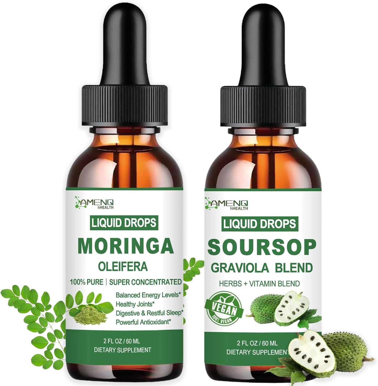 Organic Moringa and Soursop Graviola Liquid Drops Bundle for Immune Support - 2 Pack, Antioxidant Rich, Gluten Free, Non-GMO