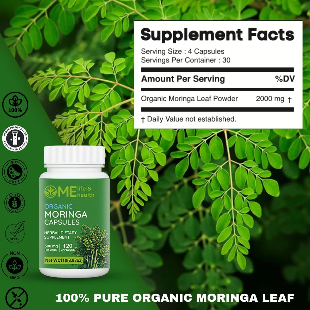 Organic Moringa Capsules - Pure Powder with Essential Vitamins & Amino Acids - Non-GMO & Gluten Free - 120 ct. 500mg Capsules for Immune System Support