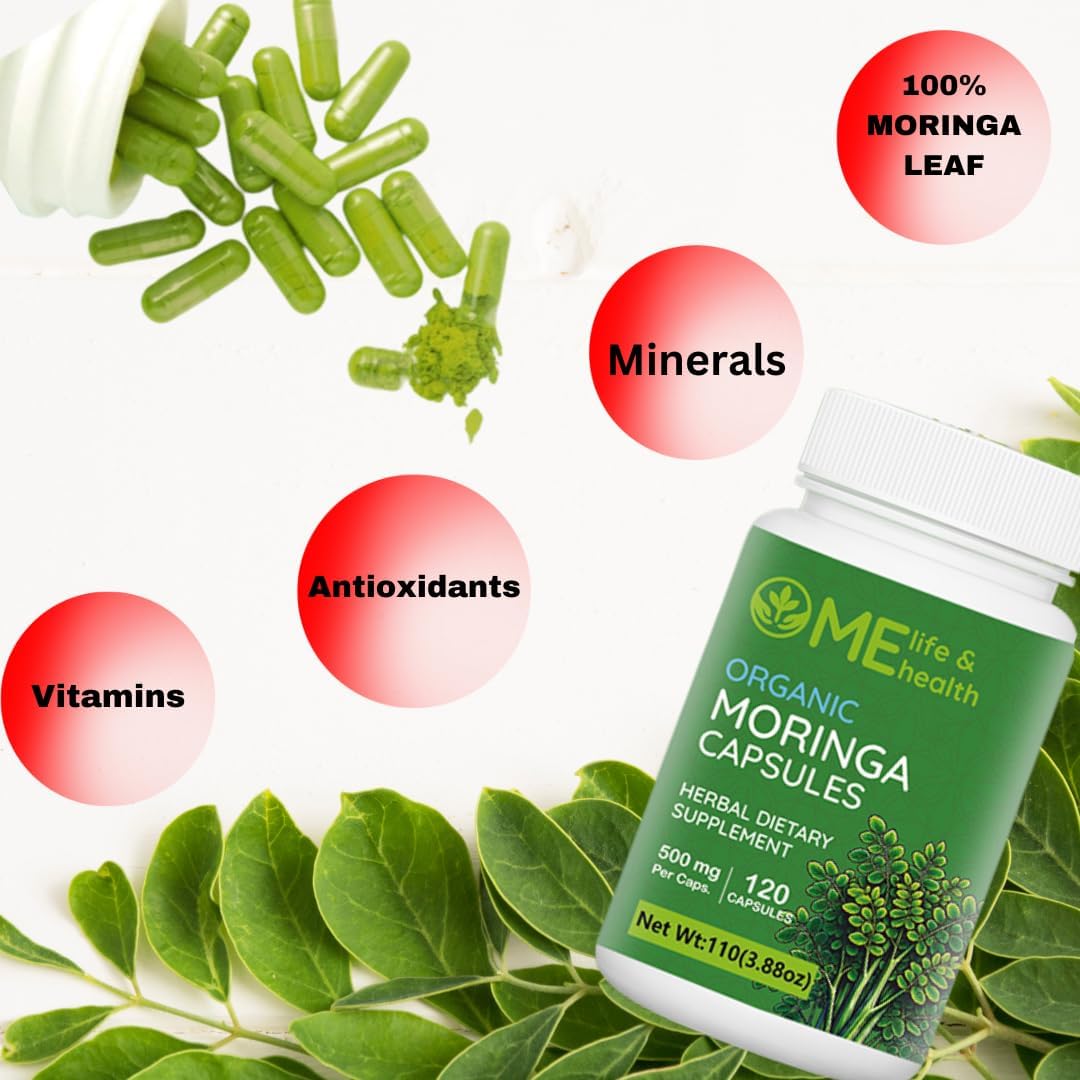 Organic Moringa Capsules - Pure Powder with Essential Vitamins & Amino Acids - Non-GMO & Gluten Free - 120 ct. 500mg Capsules for Immune System Support