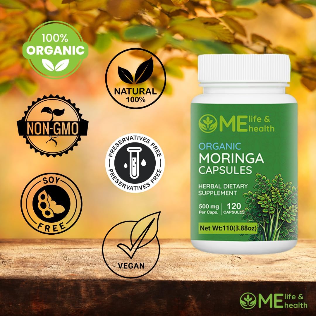 Organic Moringa Capsules - Pure Powder with Essential Vitamins & Amino Acids - Non-GMO & Gluten Free - 120 ct. 500mg Capsules for Immune System Support