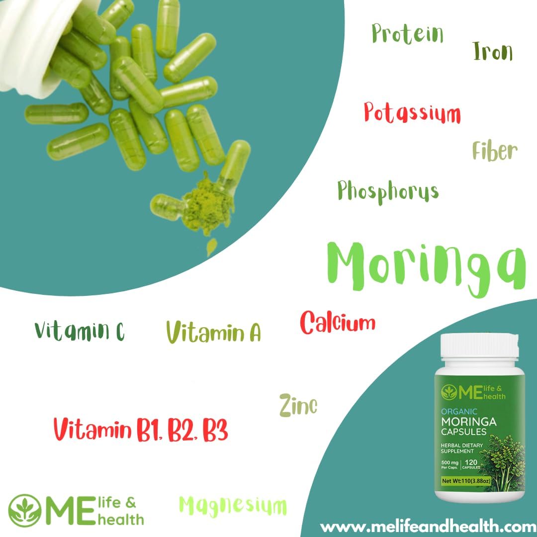 Organic Moringa Capsules - Pure Powder with Essential Vitamins & Amino Acids - Non-GMO & Gluten Free - 120 ct. 500mg Capsules for Immune System Support