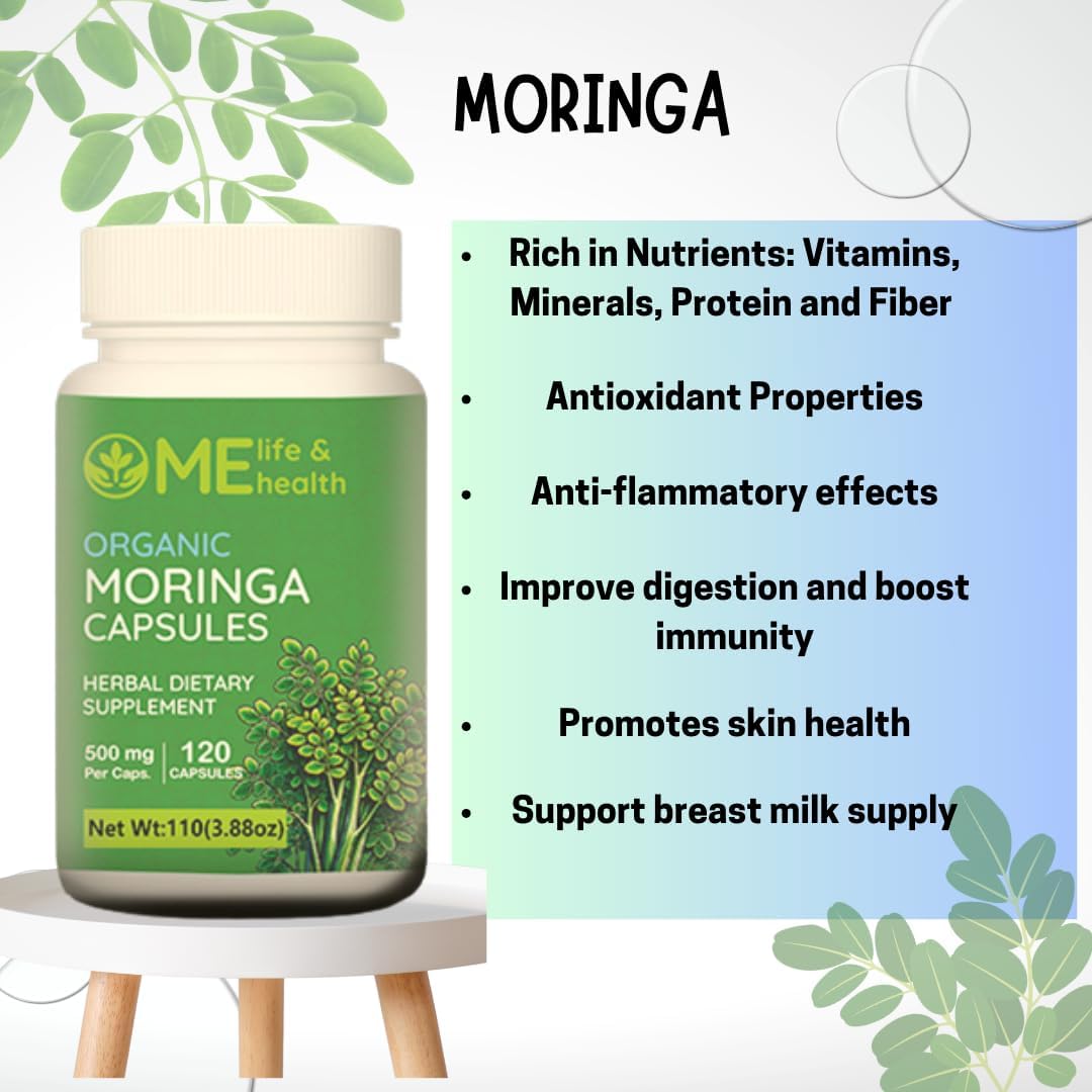 Organic Moringa Capsules - Pure Powder with Essential Vitamins & Amino Acids - Non-GMO & Gluten Free - 120 ct. 500mg Capsules for Immune System Support