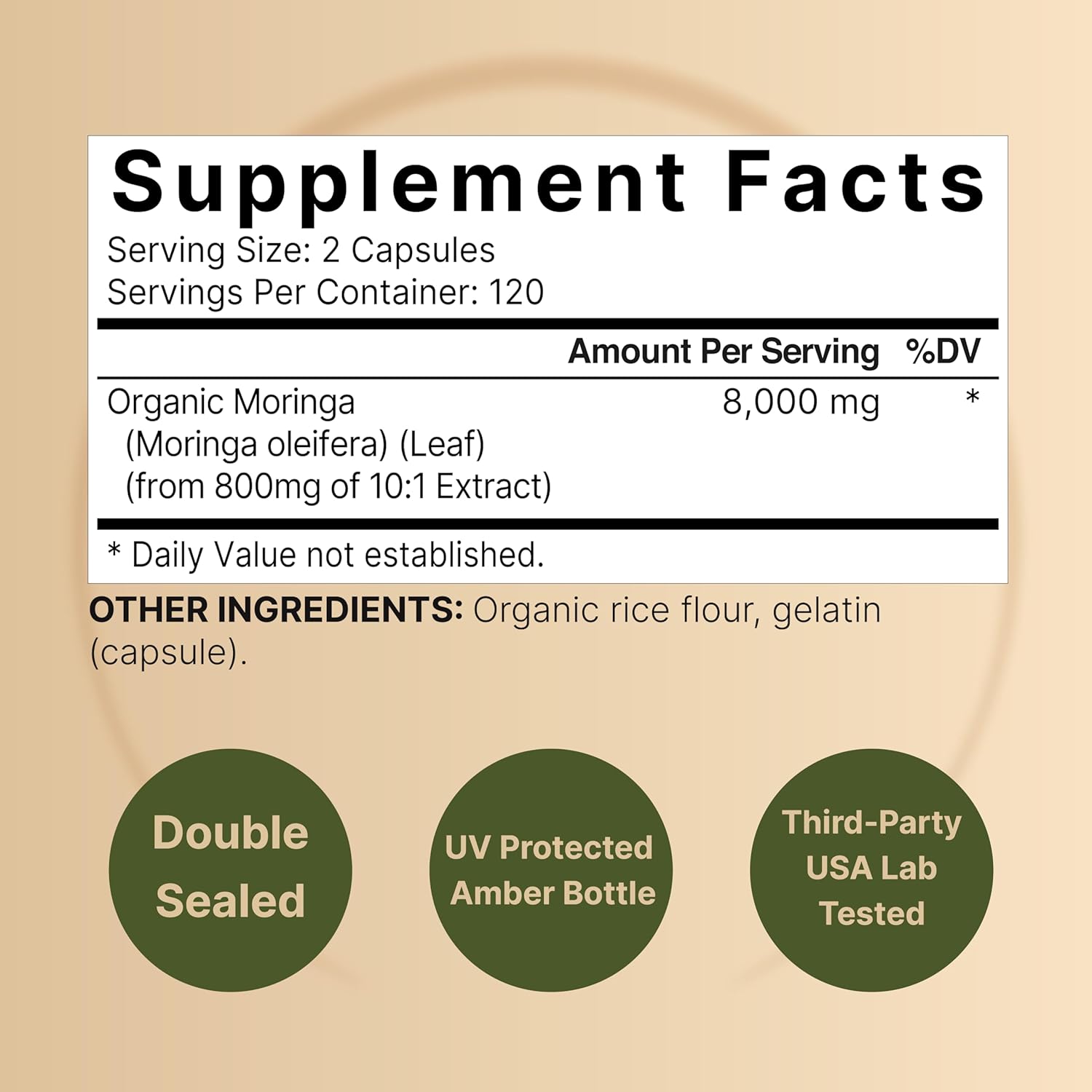 Organic Moringa Capsules 8000mg - 240 Capsules, Green Superfood for Skin & Immune Support | Non-GMO, Gluten Free - 4 Month Supply