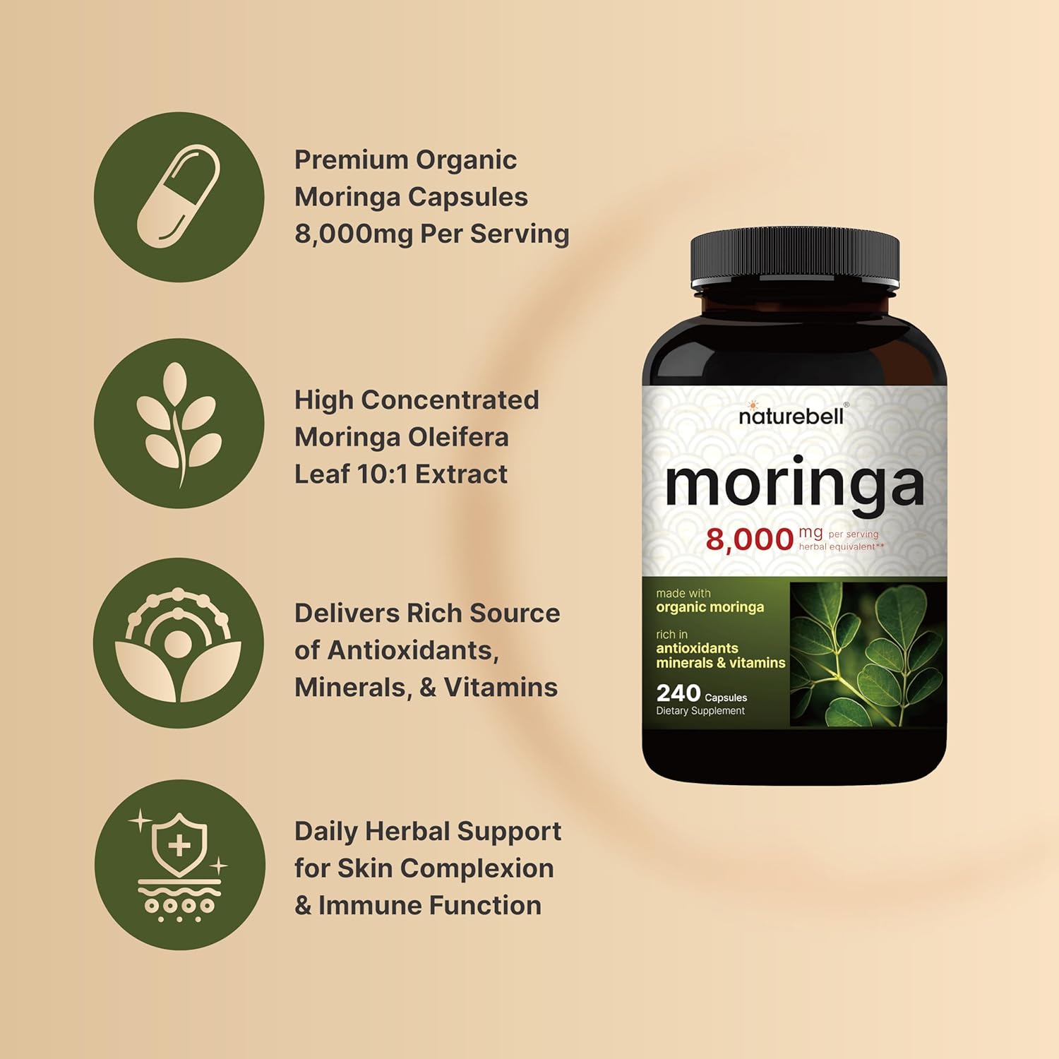 Organic Moringa Capsules 8000mg - 240 Capsules, Green Superfood for Skin & Immune Support | Non-GMO, Gluten Free - 4 Month Supply