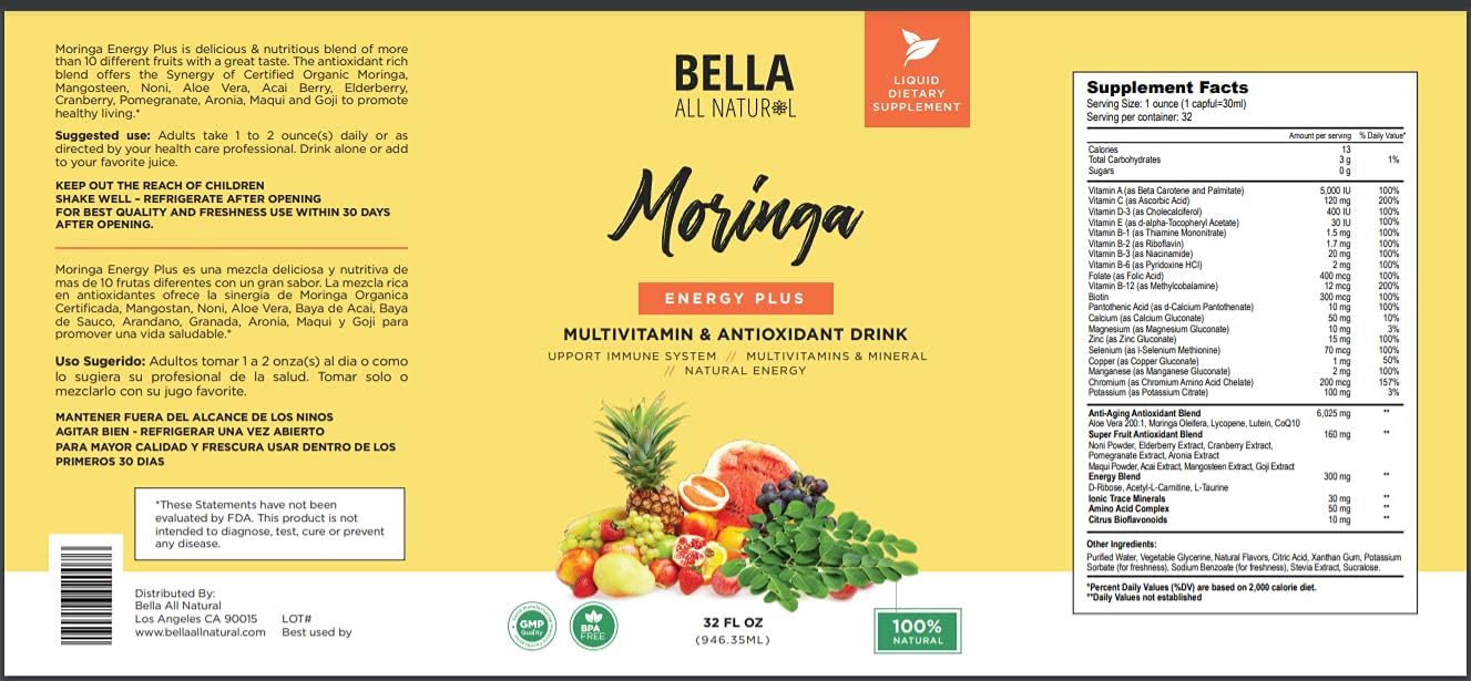 Organic Moringa Juice Energy Plus - All Natural Multivitamin and Antioxidant Drink - 32oz