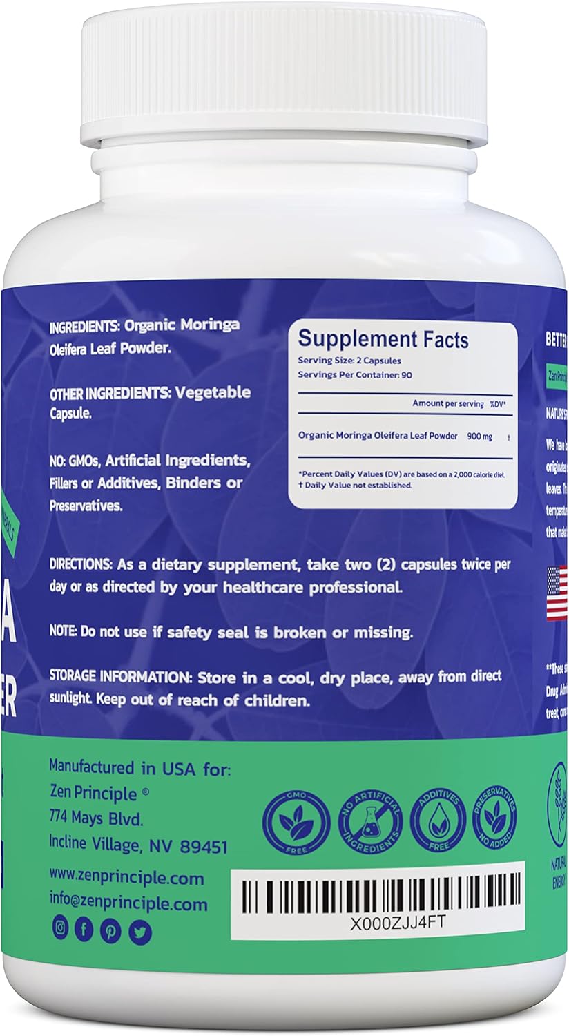 Organic Moringa Oleifera Capsules - Ultra-Premium Superfood for Natural Energy Boost and Multi-Vitamin Support - Vegan, Non-GMO, Gluten-Free - 360 Count