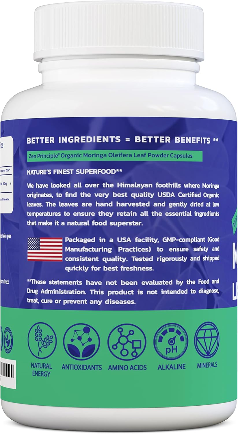 Organic Moringa Oleifera Capsules - Ultra-Premium Superfood for Natural Energy Boost and Multi-Vitamin Support - Vegan, Non-GMO, Gluten-Free - 360 Count