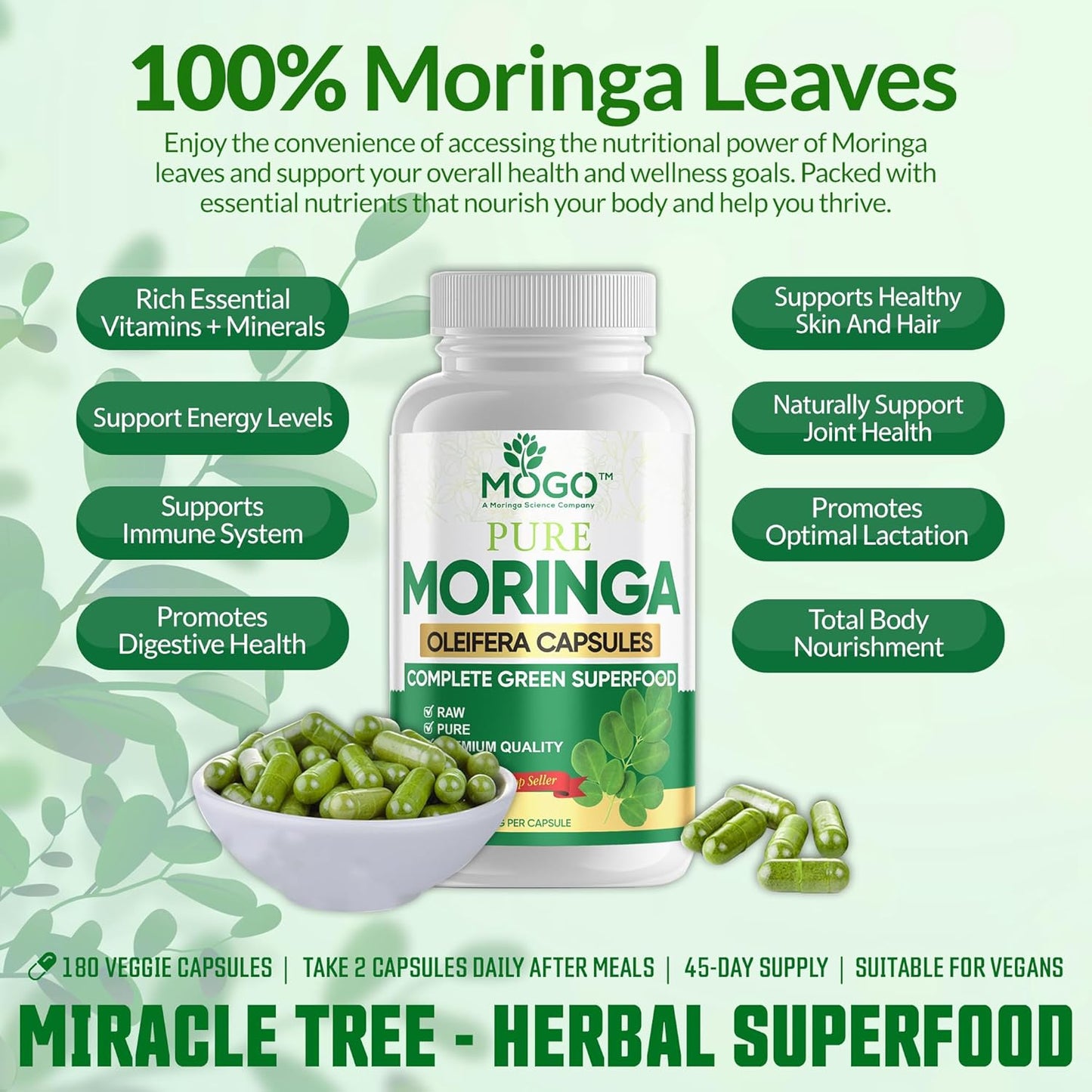 Organic Moringa Powder Capsules - 180 Ct for Energy, Immunity & Joint Health - Vegan & Non GMO - Pure Moringa Supplement