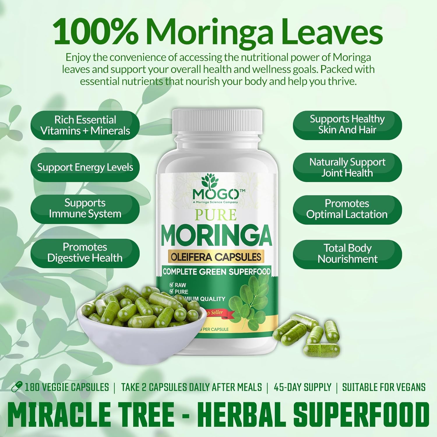 Organic Moringa Powder Capsules - 180 Ct for Energy, Immunity & Joint Health - Vegan & Non GMO - Pure Moringa Supplement