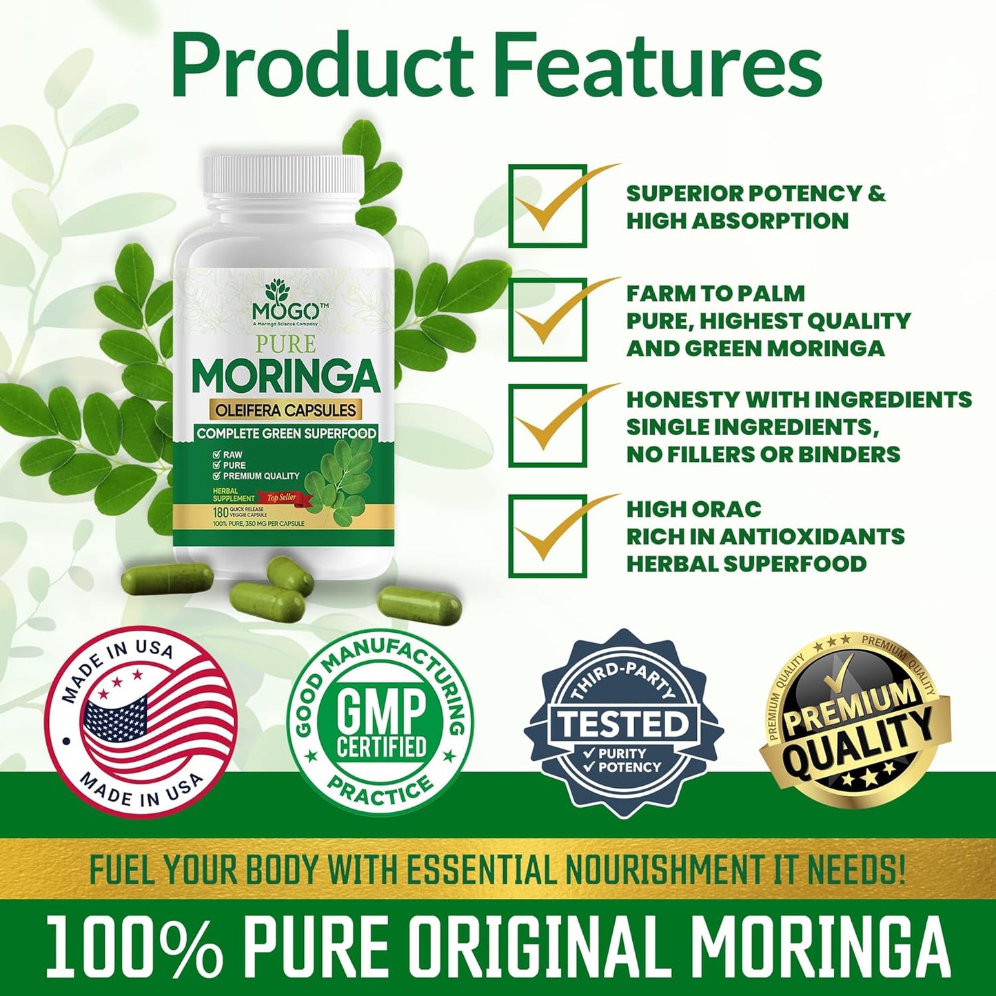 Organic Moringa Powder Capsules - 180 Ct for Energy, Immunity & Joint Health - Vegan & Non GMO - Pure Moringa Supplement