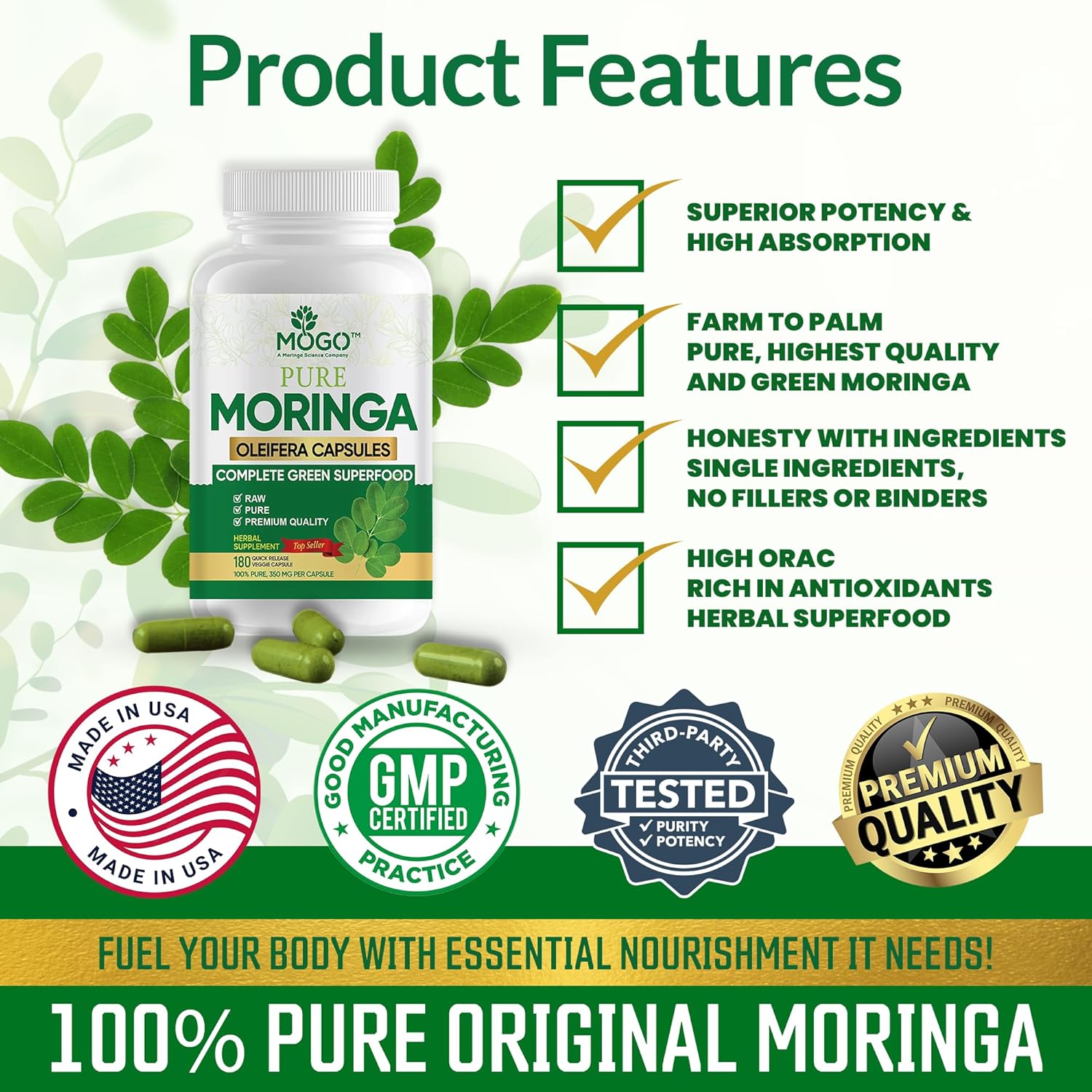 Organic Moringa Powder Capsules - 180 Ct for Energy, Immunity & Joint Health - Vegan & Non GMO - Pure Moringa Supplement