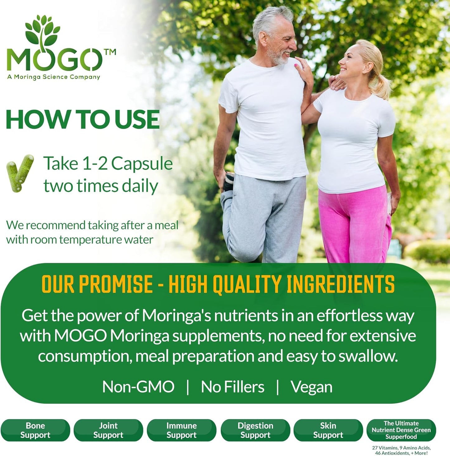 Organic Moringa Powder Capsules - 180 Ct for Energy, Immunity & Joint Health - Vegan & Non GMO - Pure Moringa Supplement