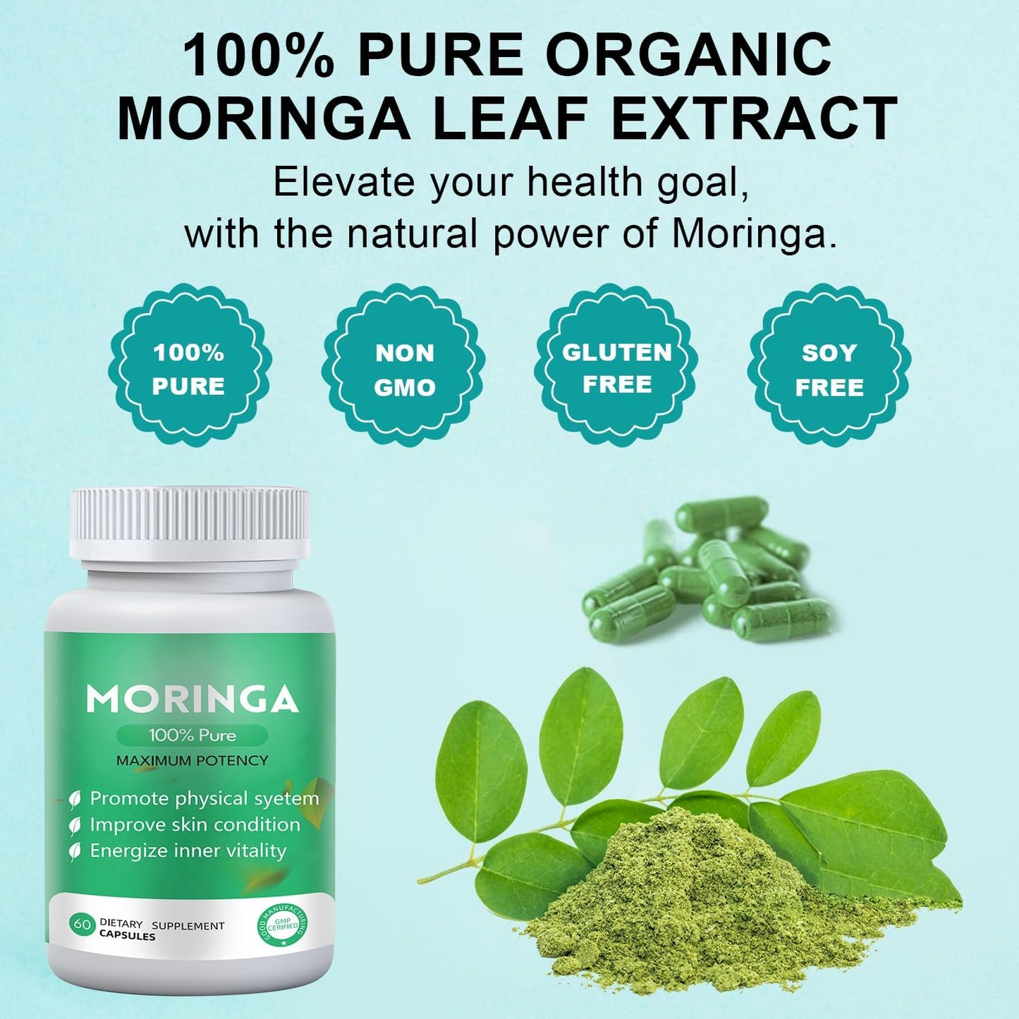 Organic Moringa Powder Capsules 800mg - Nutrient-Rich Supplement for Energy and Skin Health - 1PC