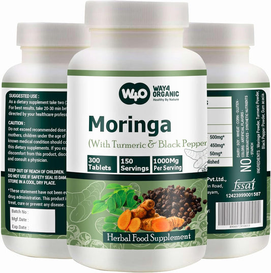 Organic Moringa Tablets with Turmeric & Black Pepper - 300 Pills, 5 Month Supply - 1000 Mg per Serving - Digestive Health Support - Pack of 1