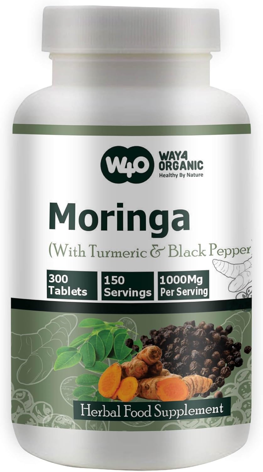 Organic Moringa Tablets with Turmeric & Black Pepper - 300 Pills, 5 Month Supply - 1000 Mg per Serving - Digestive Health Support - Pack of 1