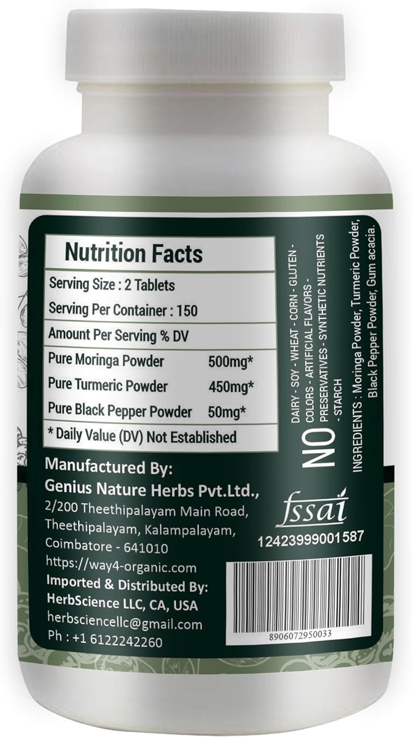 Organic Moringa Tablets with Turmeric & Black Pepper - 300 Pills, 5 Month Supply - 1000 Mg per Serving - Digestive Health Support - Pack of 1